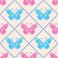 Seamless vector pattern with insects, symmetrical blue and pink background with butterflies. Decorative ornament