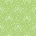 Seamless vector pattern with insects, symmetrical green background ladybugs and dots