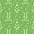 Seamless vector pattern with insects, symmetrical green background with wasps and dots