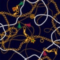 Luxury seamless vector pattern with jewelry chain and belts for fabric design.