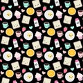 Seamless vector pattern with kawaii breakfast things on black ba