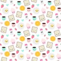 Seamless vector pattern with kawaii breakfast things