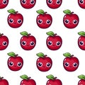 Seamless vector pattern in kawaii style. Cute red apples with big eyes on white background. Cartoon style Royalty Free Stock Photo