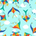 Seamless vector pattern with kites. Hand-drawn illustration. Paper toys decorated with ribbons, bows. Festive elements