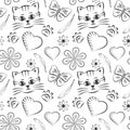 Seamless vector pattern with kitten face and hearts, cute background