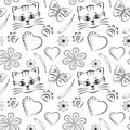 Seamless vector pattern with kitten face and hearts, cute background Royalty Free Stock Photo