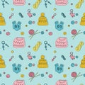 Seamless vector pattern of knitted clothes and knitting tools Royalty Free Stock Photo