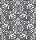 Seamless vector pattern - lace design with flowers and swirls, detailed ornament in white on gray background Royalty Free Stock Photo