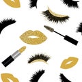 Seamless Vector Pattern with Lashes,Lipstick and Mascara with glitter effect