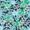 Seamless vector pattern with leaves and flowers in jade green colors