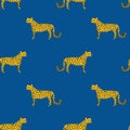 Seamless vector pattern with leopards, jaguar and cheetah. Wild African animals on a blue background. Wild cats