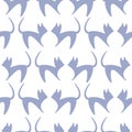 Seamless vector pattern, light pastel background with cats, blue silhouette over white backdrop