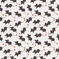 Seamless vector pattern, light pastel background with mouses, grey silhouette with red bows over grey backdrop