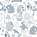 Seamless vector pattern with line art design bears in scandinavian minimalist modern style.