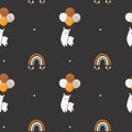 Seamless vector pattern with llama (alpaca), rainbow, and balloons. Trendy baby texture for fabric, wallpaper, apparel