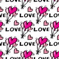 Seamless vector pattern with Love lettering, heart baloons and flowers. Royalty Free Stock Photo