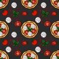 Seamless vector pattern of Margherita pizza ingredients, fresh tomatoes, mozzarella balls, and basil leaves on a dark background Royalty Free Stock Photo