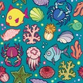 Seamless vector pattern marine animals and plants Royalty Free Stock Photo