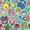 Seamless vector pattern marine animals and plants Royalty Free Stock Photo