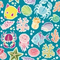 Seamless vector pattern marine animals and plants Royalty Free Stock Photo