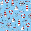 Seamless vector pattern of marine elements icons Anchor Ship Wheel Seagull lighthouse and a lifeline. Made in red white on a blue Royalty Free Stock Photo