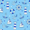 Seamless vector pattern of marine elements icons Anchor Ship Wheel Seagull lighthouse and a lifeline Royalty Free Stock Photo