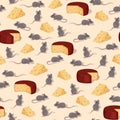 Seamless vector pattern of mice and pieces of cheese