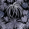 Seamless vector pattern monochrome silver palm tree leaves and flowers on black background