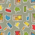 Seamless Vector Pattern with Multicolored Roller Brushes, Paint Stains and Tin Cans