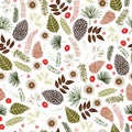 Seamless vector pattern with mushrooms, cones, needles, and berries. Illustration of a forest clearing. Design for paper and Royalty Free Stock Photo