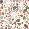Seamless vector pattern with mushrooms, cones, needles, and berries. Illustration of a forest clearing. Design for paper Royalty Free Stock Photo