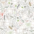 Seamless vector pattern with mushrooms, cones, needles, and berries. Illustration of a forest clearing. Design for paper Royalty Free Stock Photo