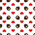 Seamless vector pattern with a mustache, beard, and heart. Brown and red elements on a white background. Modern Royalty Free Stock Photo