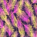 Seamless vector pattern with neon palm leaves. Tropical glowing background with grid. Vaporwave, retrowave, synth music