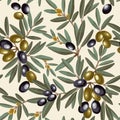 Seamless Vector Pattern with Olive Branches and Ripe Olives Royalty Free Stock Photo