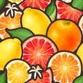 Seamless pattern with citrus fruits and flowers