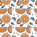 Seamless vector pattern with oranges. Hand drawn background with citrus fruits. Line drawing Royalty Free Stock Photo