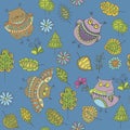 Seamless vector pattern with owls, trees, leaves and flowers