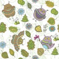 Seamless vector pattern with owls, trees, leaves and flowers