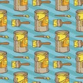 Seamless Vector Pattern. Paintbrushes and Tin Cans with Yellow Paint