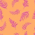seamless vector pattern palm leaves pink-lilac leaf and outline on background. For textiles, packaging, fabrics, wallpapers, Royalty Free Stock Photo