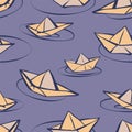 Seamless vector pattern with paper boats in cartoon style Royalty Free Stock Photo