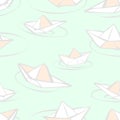 Seamless vector pattern with paper boats in cartoon style, light pastel colors Royalty Free Stock Photo