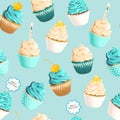 Seamless vector pattern with pastel mint cupcakes