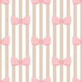 Seamless vector pattern with pastel pink bows on a light brown and white stripes background.