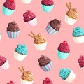 Seamless vector pattern with pastel pink cupcakes