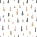 Seamless vector pattern with pastel trees. Print with forest in the colors of nature. Christmas pattern with fir trees