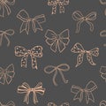 Seamless vector pattern with peach colored feminine bows outlines on charcoal grey, line art