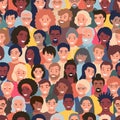 Seamless pattern with people faces of different ethnicity and ages. Parade or meeting crowd, men and women various
