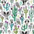 Cute blooming vector cactuses and desert owls on white background.